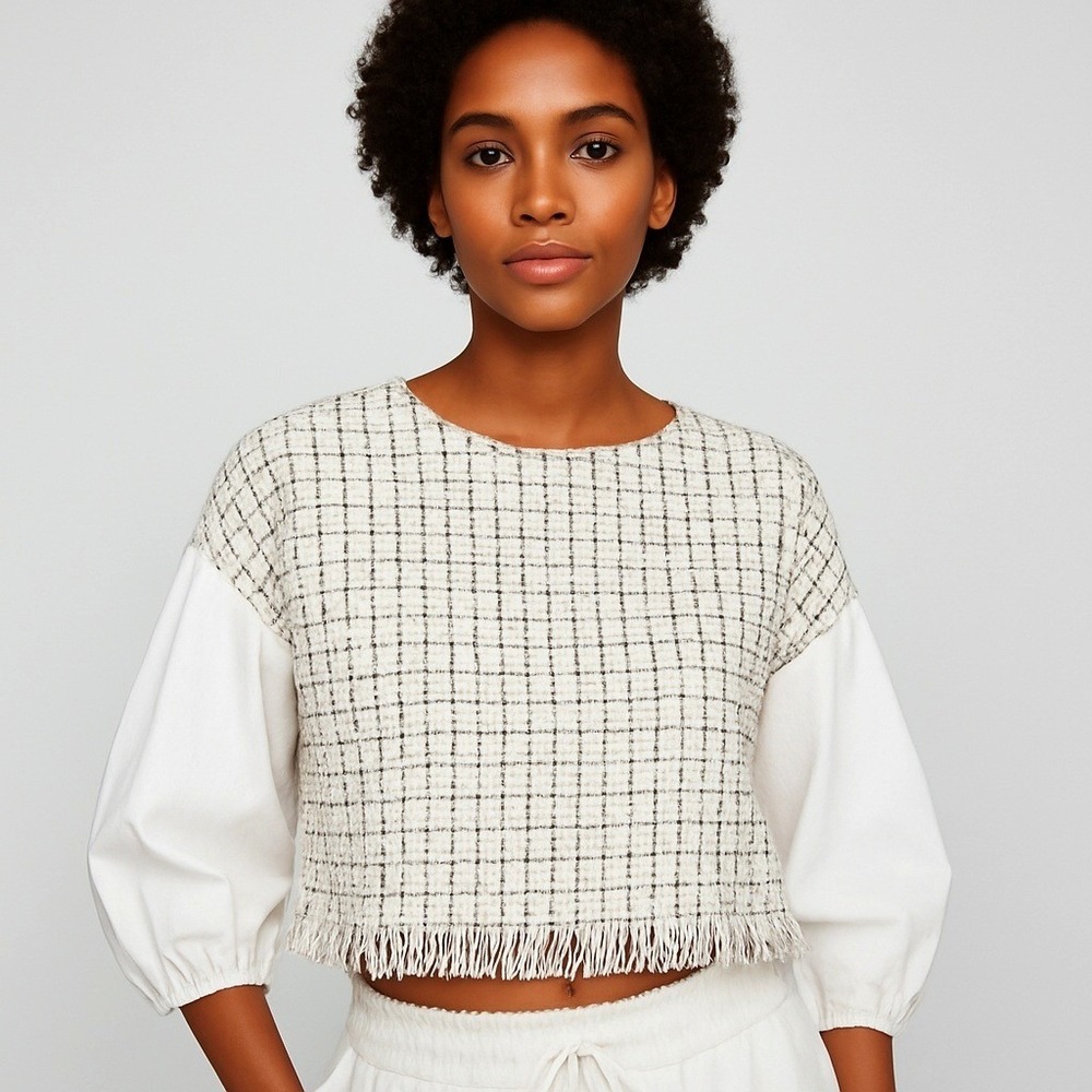 Zara Tweed Fringe Boxy Crop Top White Black Check Balloon Sleeve Blouse XL‎ New